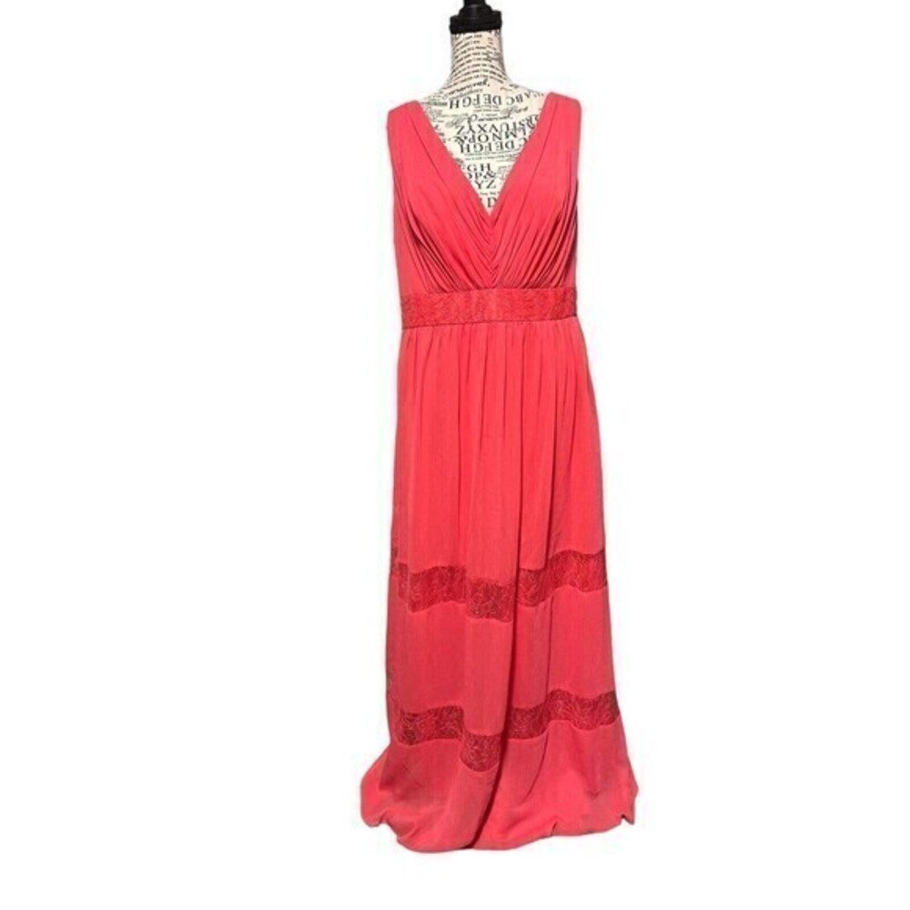 David's Bridal Bridesmaid‎ Dress 14 Sleeveless Lace Pleated Coral Made USA